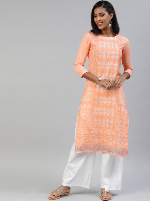 

AHIKA Women Peach-Coloured & White Printed Straight Kurta