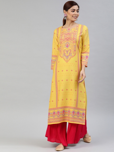 

AHIKA Women Yellow & Pink Floral Printed Straight Kurta