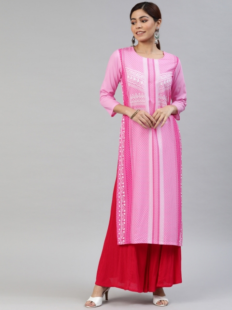 

AHIKA Women Pink & White Printed Straight Kurta
