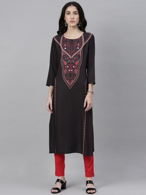 

AHIKA Women Black & Red Printed Straight Kurta