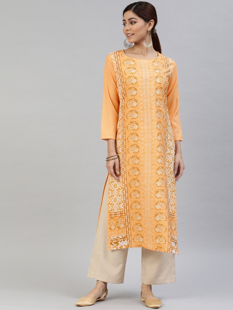 

AHIKA Women Peach-Coloured & White Printed Straight Kurta