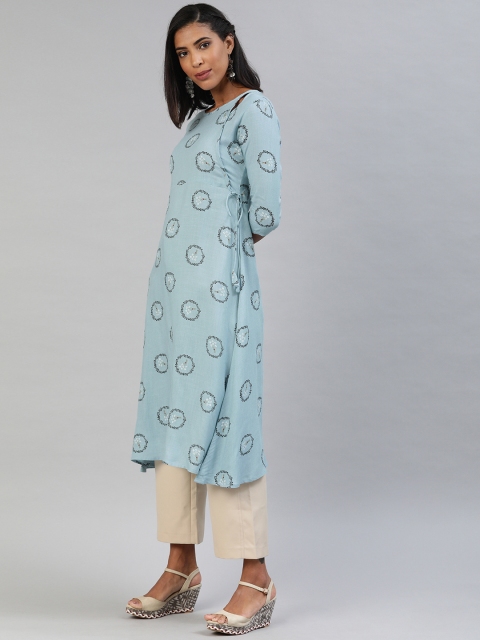 

AHIKA Women Blue & Green Printed Angrakha Straight Kurta