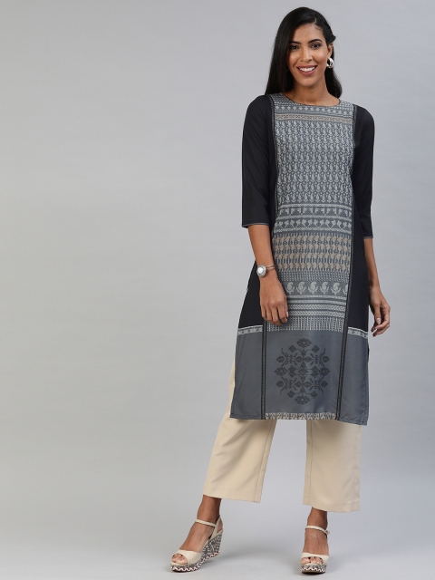 

AHIKA Women Black & Grey Printed Panelled Straight Kurta