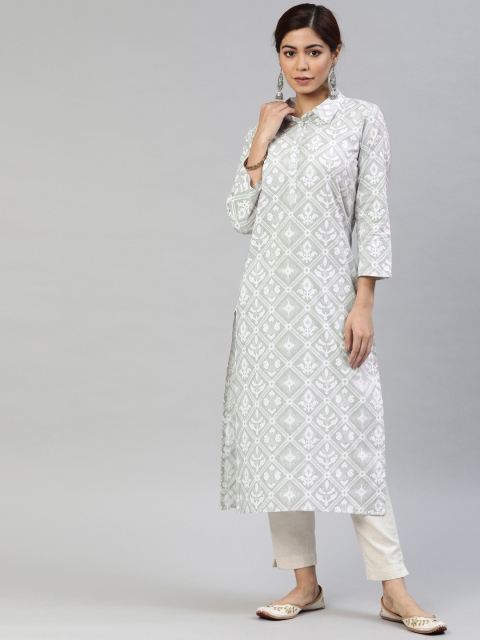 

AHIKA Women Grey & White Printed Straight Kurta