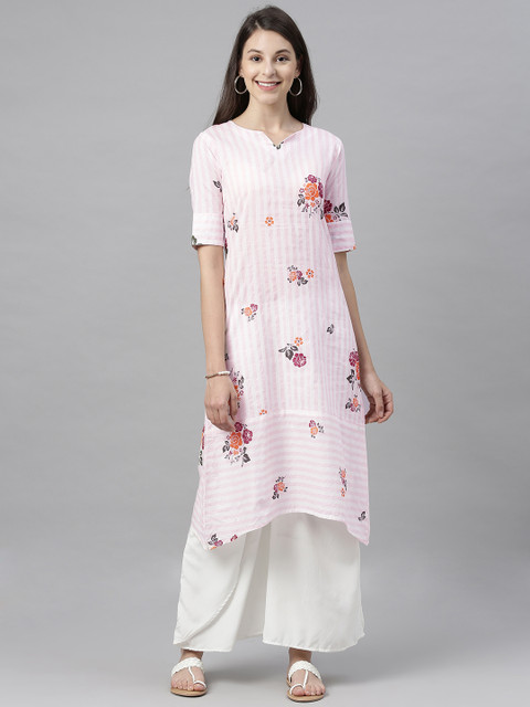 

AHIKA Women Pink & Pink Floral Printed Straight Kurta, White