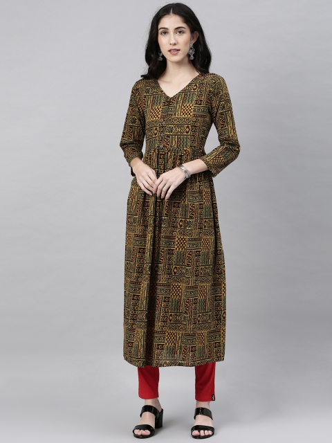 

AHIKA Women Black & Mustard Yellow Printed Gathered A-Line Kurta