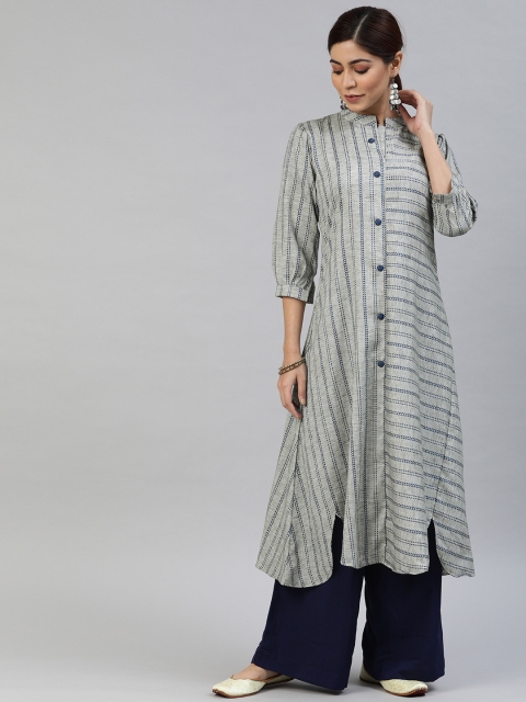 

AHIKA Women Grey & Blue Embroidered A-Line Kurta