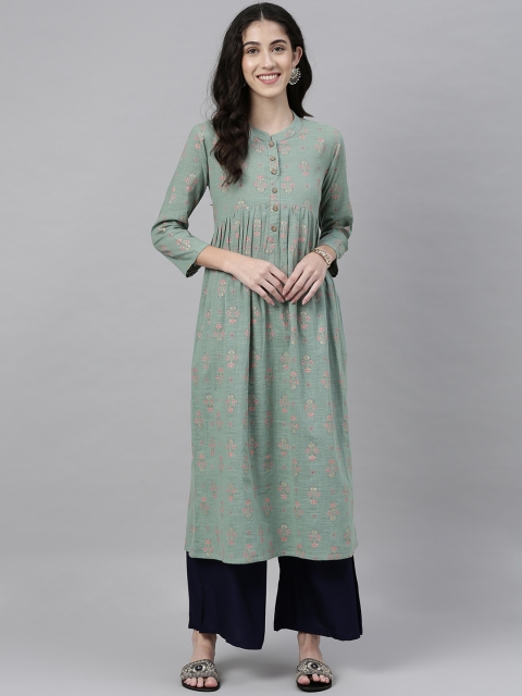 

AHIKA Women Green & Pink Foil Printed Gathered A-Line Kurta