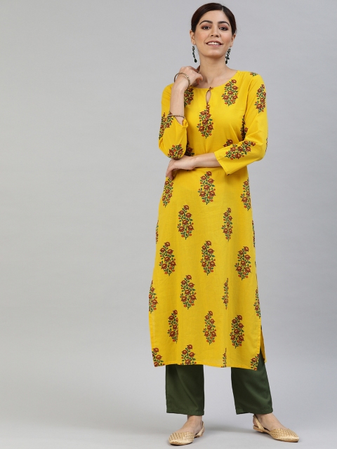 

AHIKA Women Mustard Yellow & Red Printed Straight Kurta