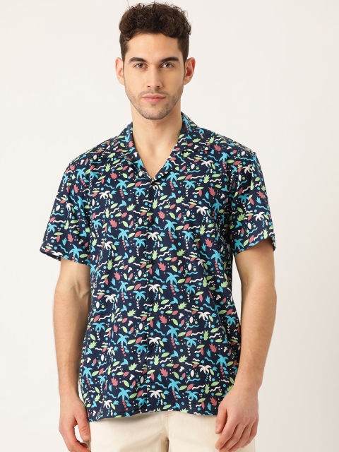 

Hancock Men Navy Blue & Green Cotton Regular Relaxed Fit Tropical Printed Casual Shirt