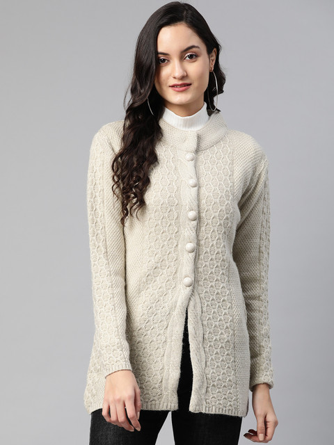 

Cayman Women Beige Woollen Cable Knit Longline Cardigan