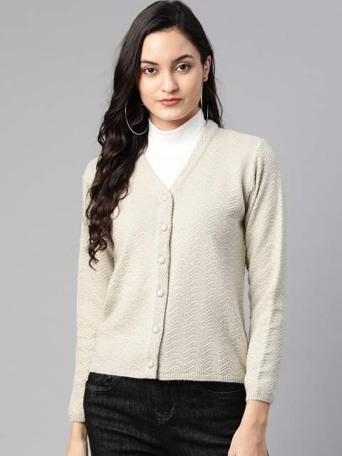 

Cayman Women Beige Woollen Chevron Patterned Cardigan