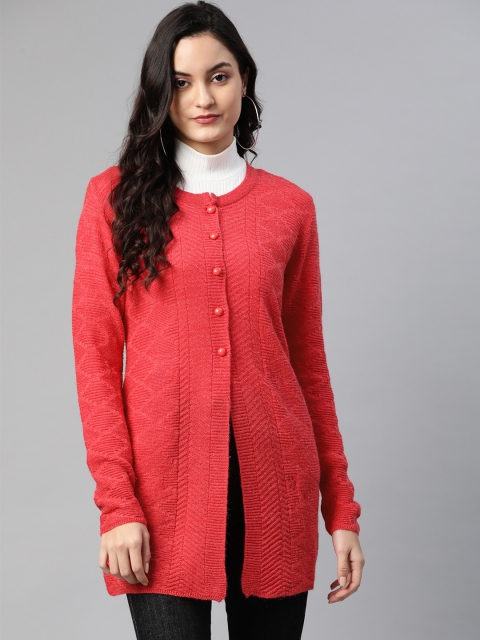 

Cayman Women Coral Red Self Design Cardigan
