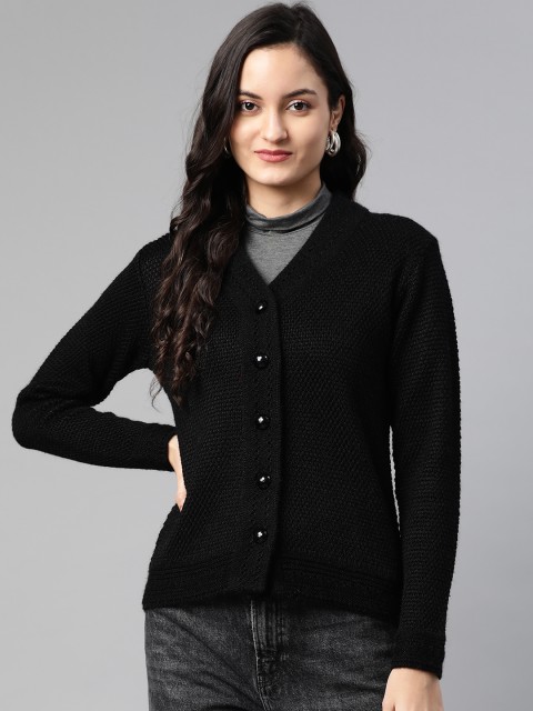 

Cayman Women Black Woollen Self Design Cardigan Sweater
