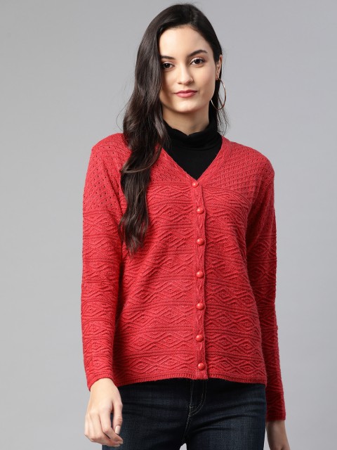 

Cayman Women Red Woollen Self-Design Cardigan