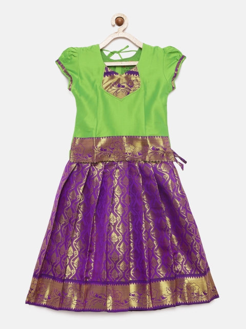 

Baby Lakshmi Green & Purple Ready to Wear Pattu Pavadai