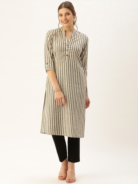 

AMUKTI Women Off-White & Grey Striped Straight Kurta