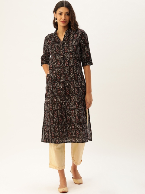 

AMUKTI Women Black & Beige Printed Straight Kurta