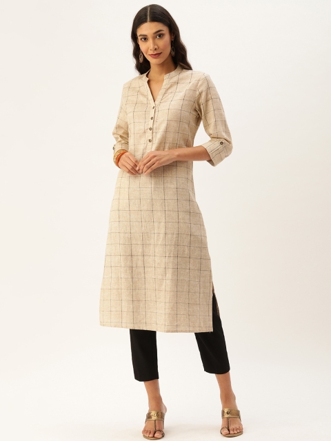 

AMUKTI Women Beige & Black Checked Straight Kurta