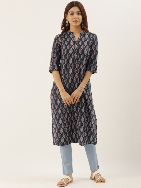 

AMUKTI Women Black & Blue Printed Straight Kurta