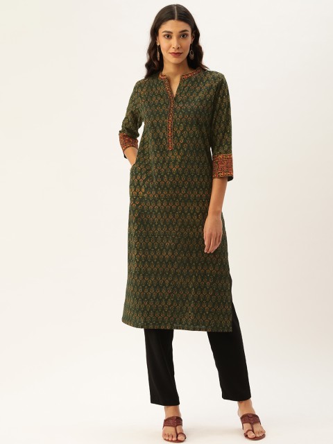 

AMUKTI Women Green & Maroon Ajrakh Printed Straight Kurta