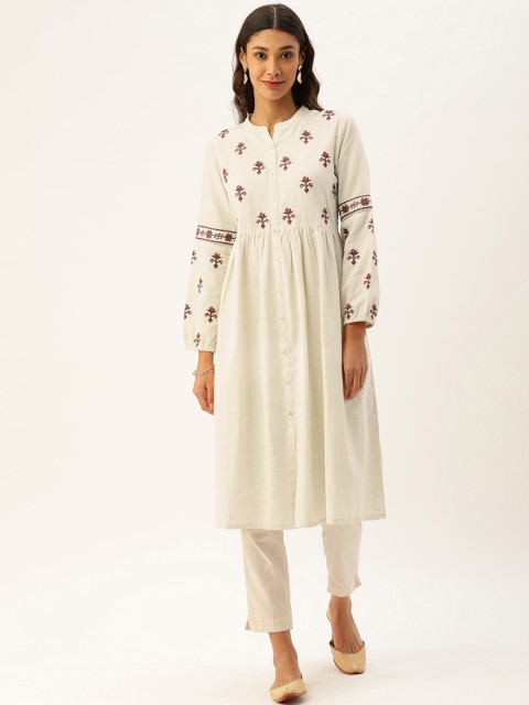 

AMUKTI Women Off-White Embroidered Gathered A-Line Kurta