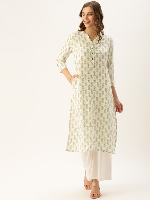 

AMUKTI Women White & Green Floral Printed Straight Kurta