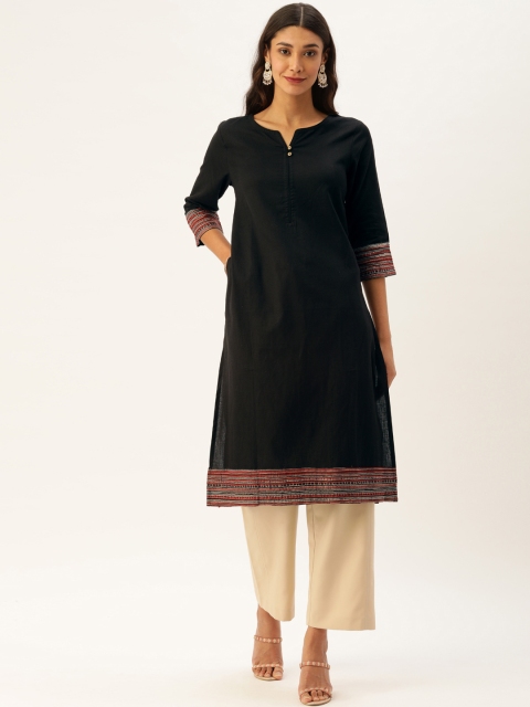 

AMUKTI Women Black Solid Straight Kurta With Printed Detailing