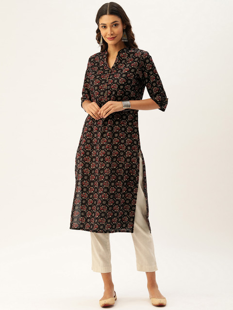 

AMUKTI Women Navy Blue & Off-White Printed Straight Kurta