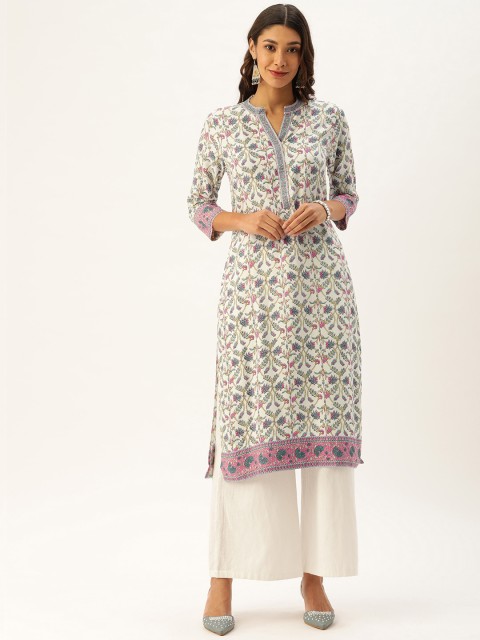 

AMUKTI Women Off-White & Blue Floral Printed Straight Kurta