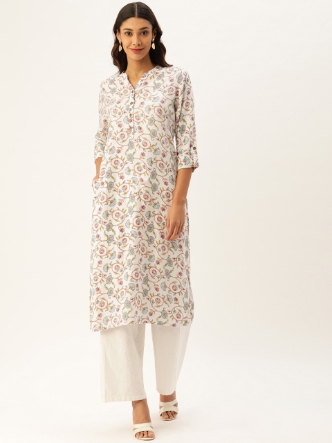 

AMUKTI Women White & Green Floral Printed Straight Kurta