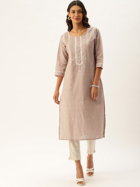 

AMUKTI Women Beige & Off-White Embroidered Pintuck Straight Kurta