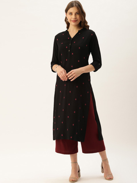 

AMUKTI Women Black & Red Embroidered Straight Kurta