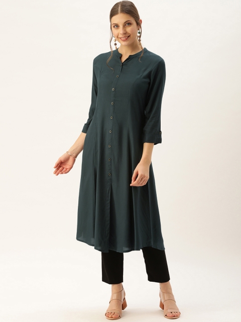 

AMUKTI Women Teal Blue Solid A-Line Panelled Kurta