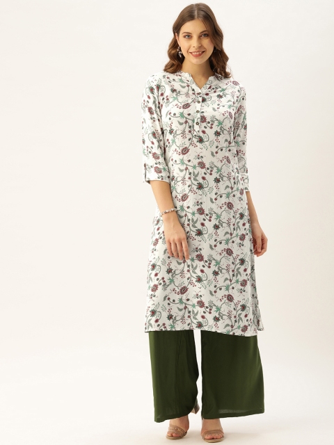 

AMUKTI Women White & Green Floral Printed Straight Kurta