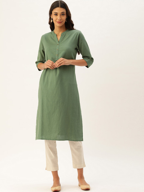

AMUKTI Women Olive Green Solid Straight Kurta