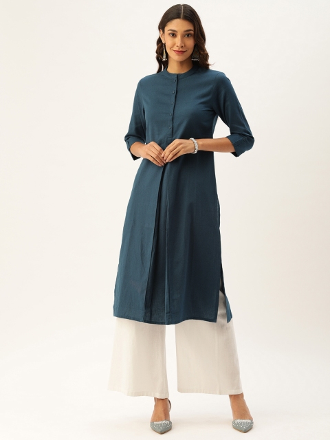 

AMUKTI Women Teal Blue Solid Pleated Straight Kurta