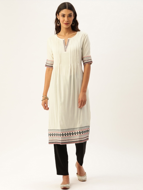 

AMUKTI Women Off-White & Black Embroidered Pleated A-Line Kurta