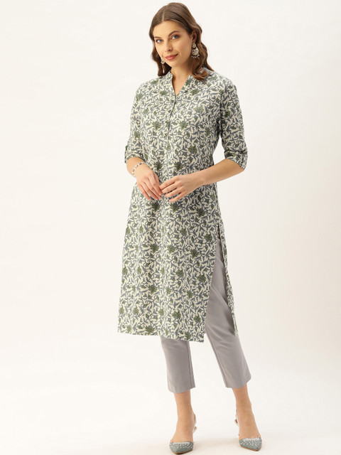 

AMUKTI Women Off-White & Grey Floral Printed Straight Kurta