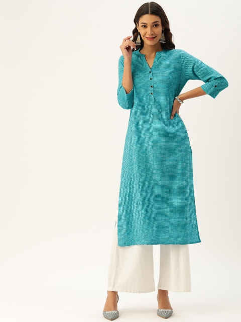 

AMUKTI Women Turquoise Blue & Off-White Checked Straight Kurta