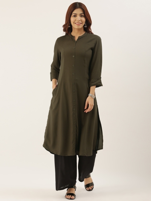 

AMUKTI Women Olive Green Solid A-Line Kurta
