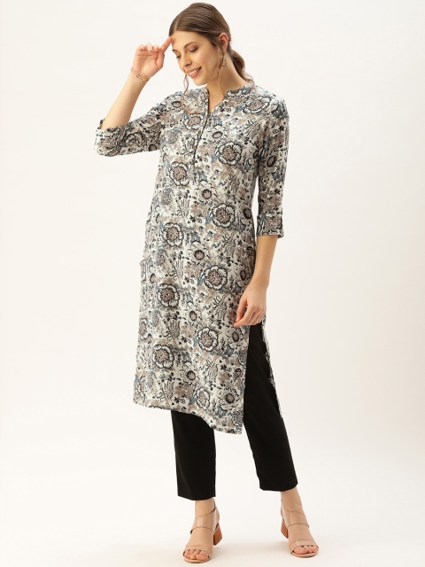 

AMUKTI Women Off-White & Black Floral Printed Straight Kurta