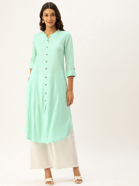 

AMUKTI Women Turquoise Blue Solid Panelled A-Line Kurta