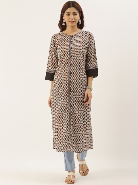 

AMUKTI Women Off-White & Blue Printed Straight Kurta