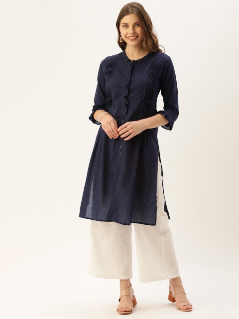 

AMUKTI Women Navy Blue Solid Pleated Straight Kurta with Ruffles