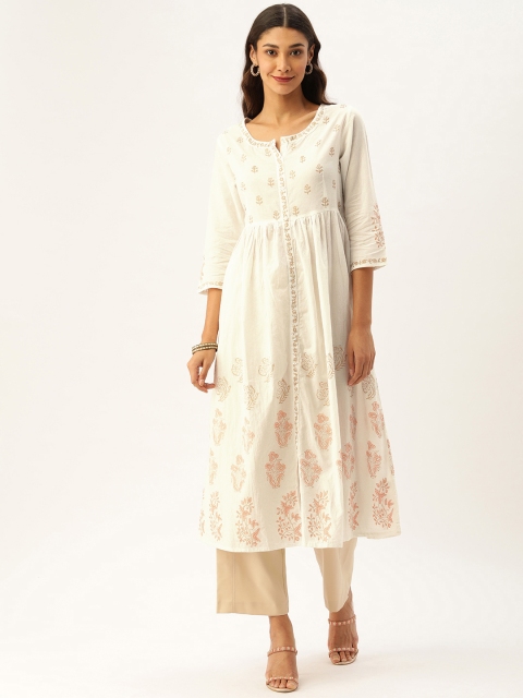 

AMUKTI Women Off-White & Gold-Coloured Floral Printed A-Line Kurta