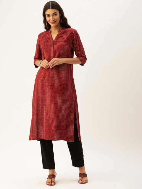 

AMUKTI Women Maroon & White Polka Dot Printed Straight Kurta