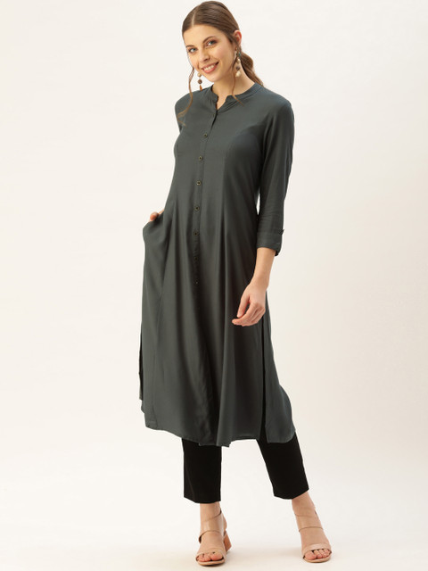 

AMUKTI Women Charcoal Grey Solid A-Line Panelled Kurta
