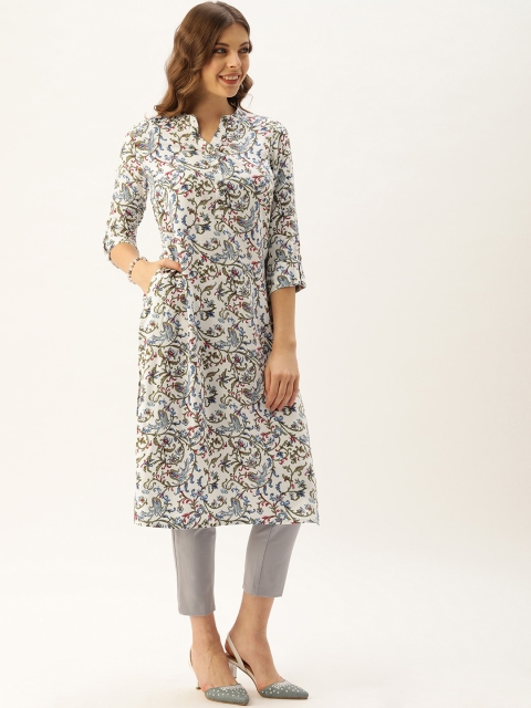 

AMUKTI Women White & Blue Floral Printed Straight Kurta