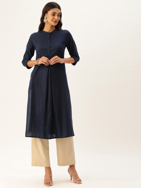 

AMUKTI Women Navy Blue Solid Straight Pleated Kurta